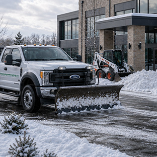 A truck with a snow plow clearing a driveway.