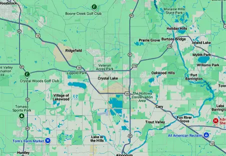A map of areas served, focused on Crystal Lake, Illinois.