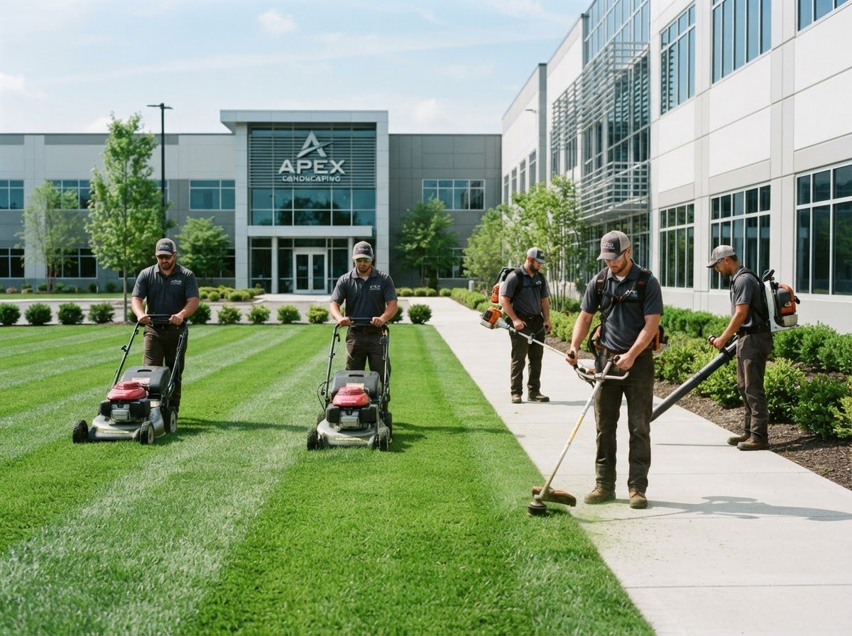 Crew mowing and edging lawns at a commercial building