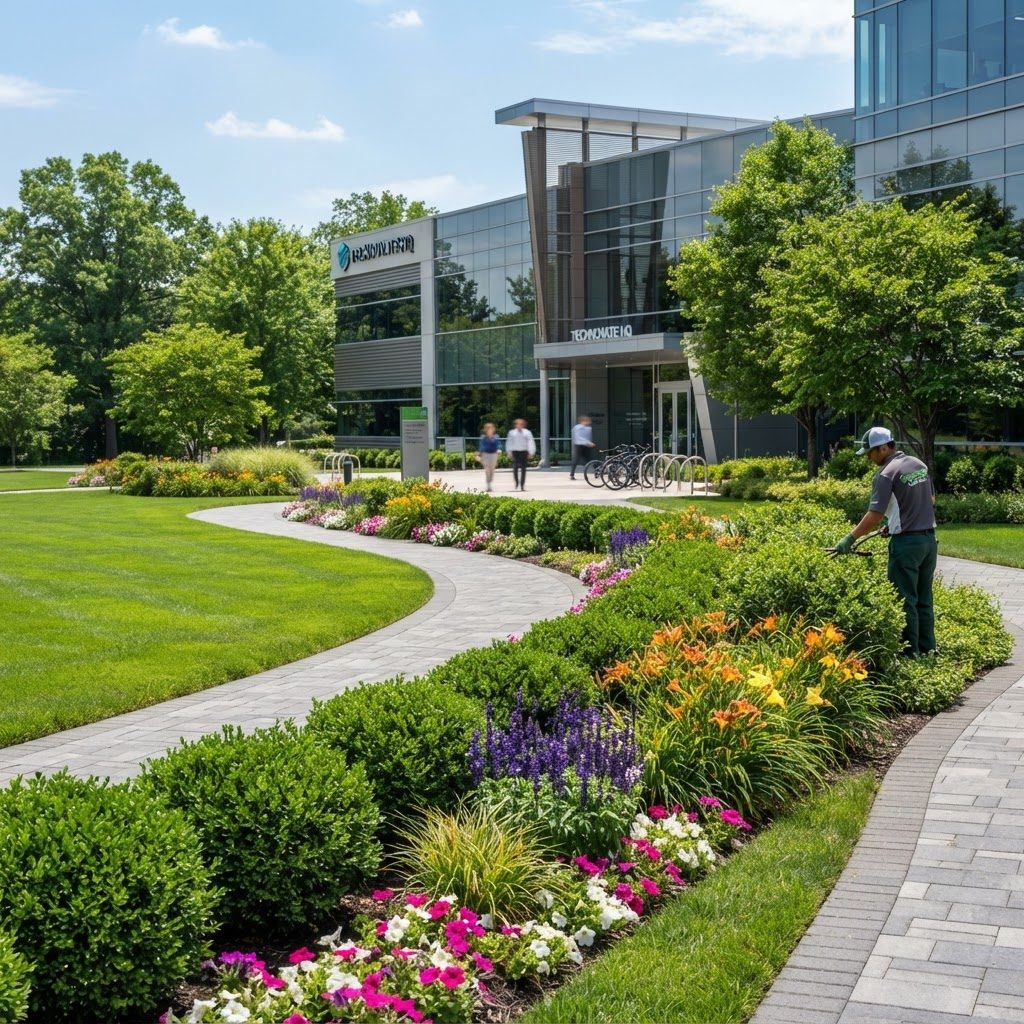 Landscaper tending planting beds outside an office building