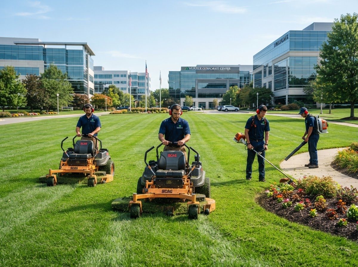 Crew mowing and trimming a commercial office campus