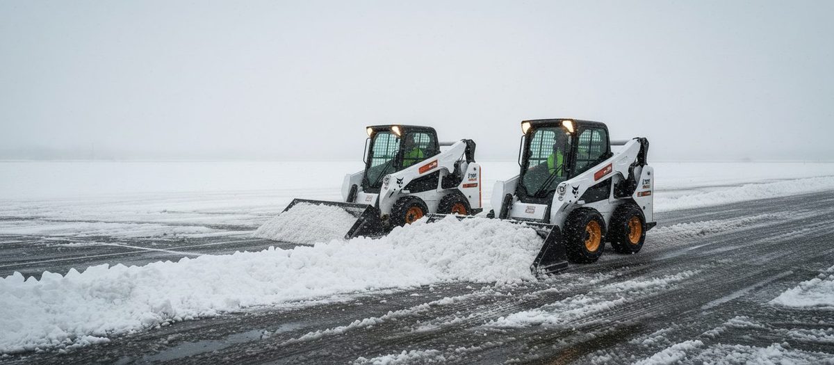 Skid steers plowing a commercial lot