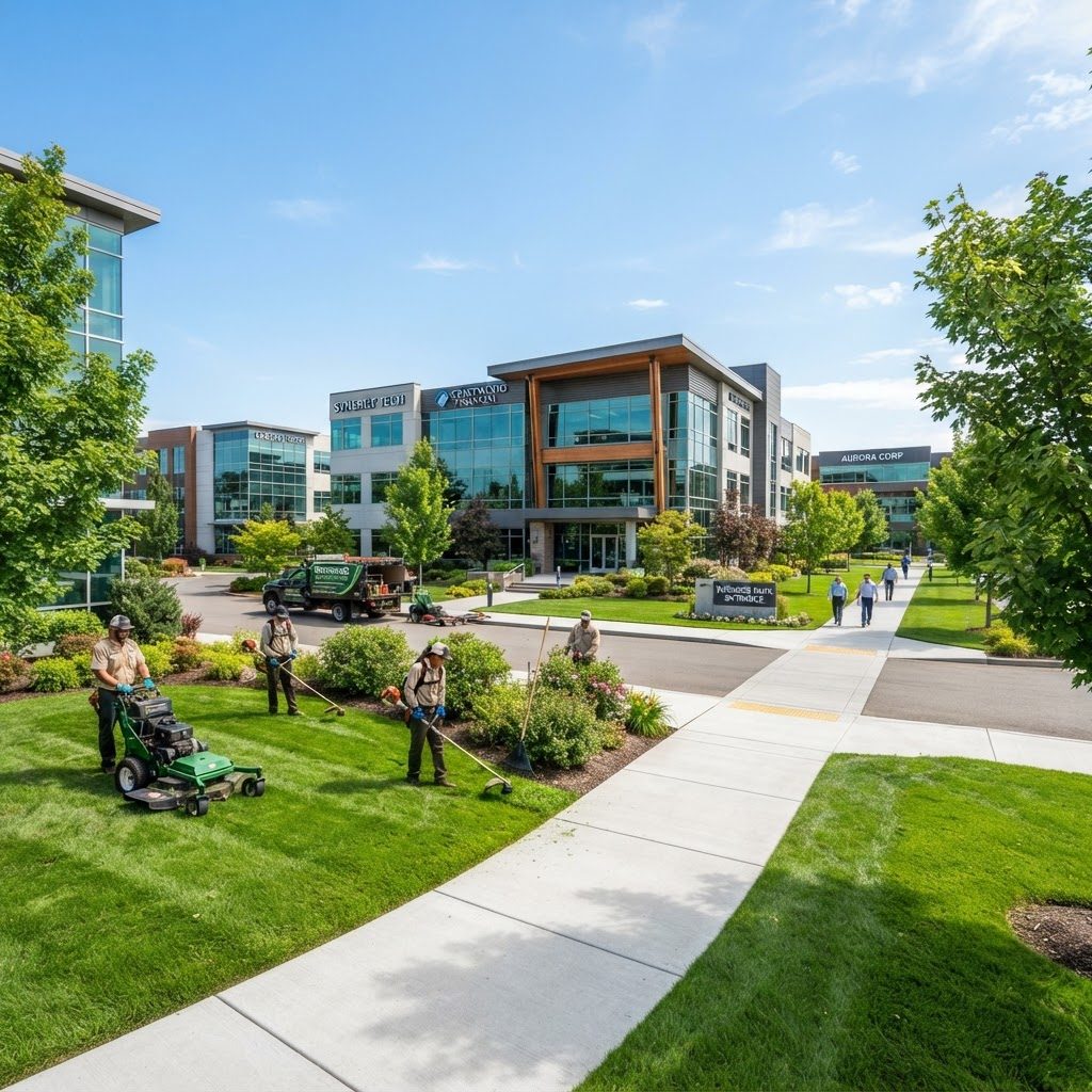 Crew maintaining the grounds of an office campus