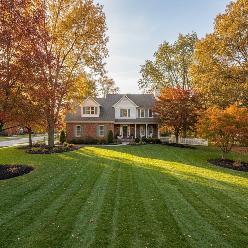 Leaf-free lawn and beds in autumn
