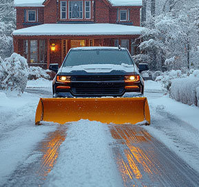 A truck with a snow plow clearing a driveway.