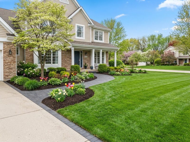 Freshly cleaned front yard with crisp bed edges