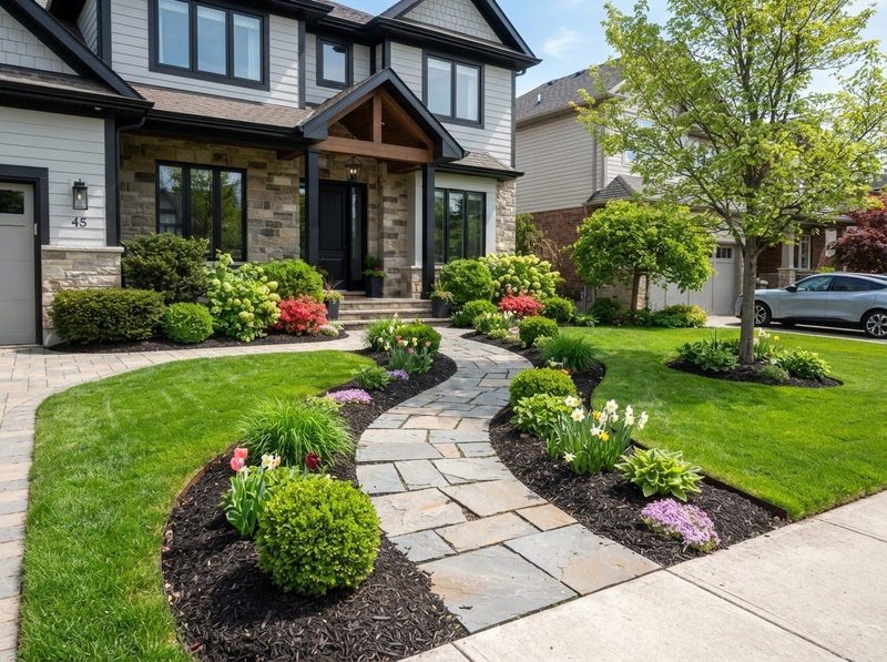 Clean stone walkway and planting beds in spring