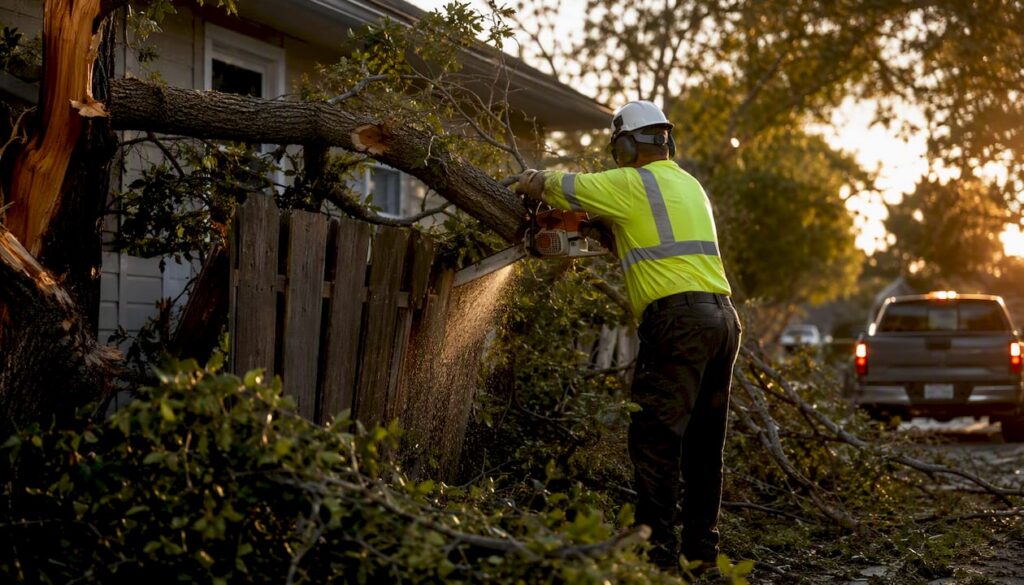 Crew member cutting fallen tree limb during emergency removal
