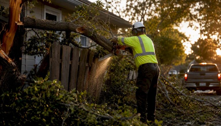 Crew member cutting fallen tree limb during emergency removal