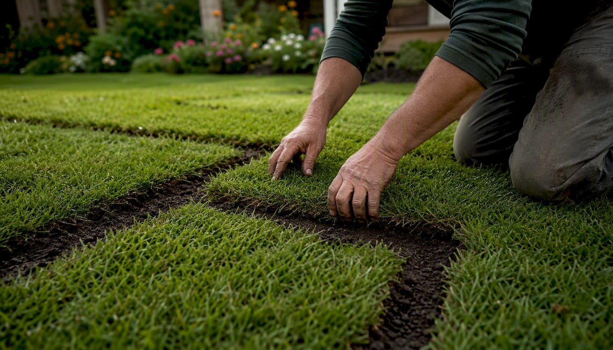 Fresh sod being installed on a green lawn