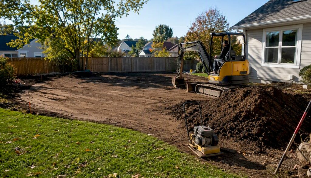 Yard grading equipment shaping a residential lawn