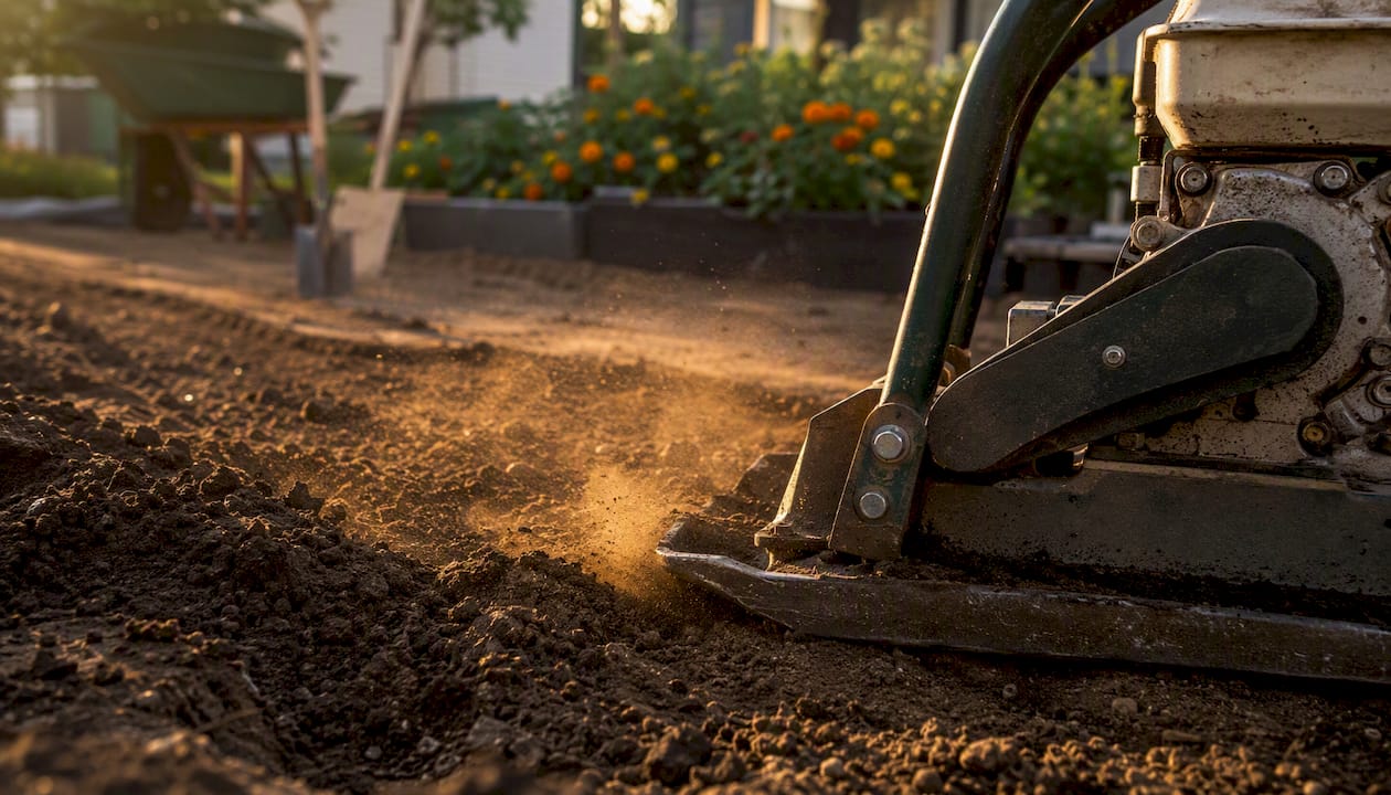 Plate compactor compacting soil in a yard