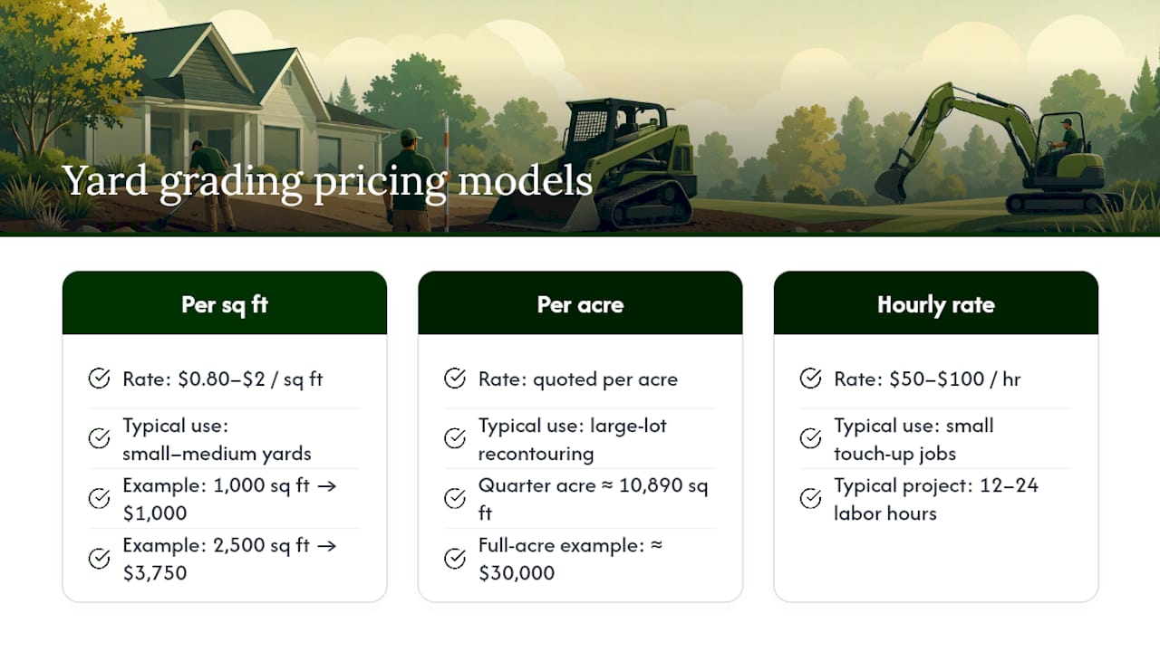 Diagram comparing yard grading pricing methods and cost ranges
