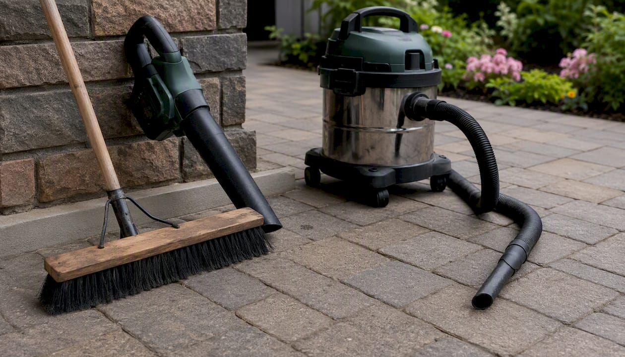 Cleaning tools on paver patio surface