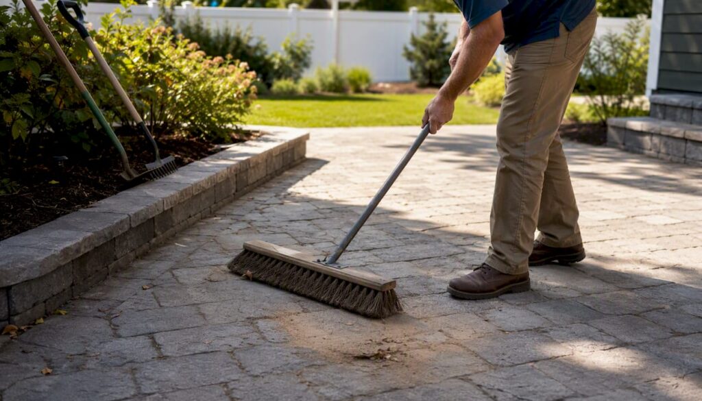 Person sweeping paver patio with broom