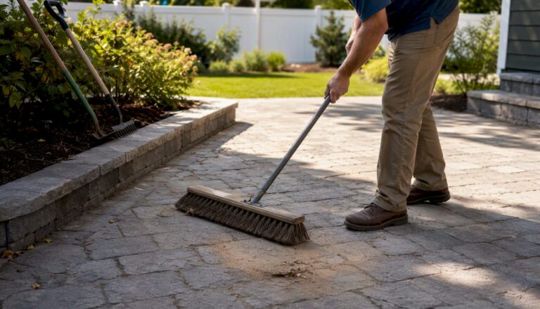 Person sweeping paver patio with broom