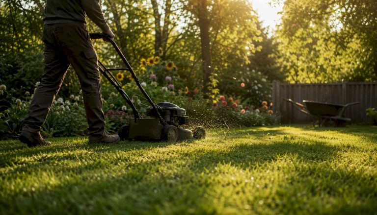 Professional mowing lawn in suburban yard