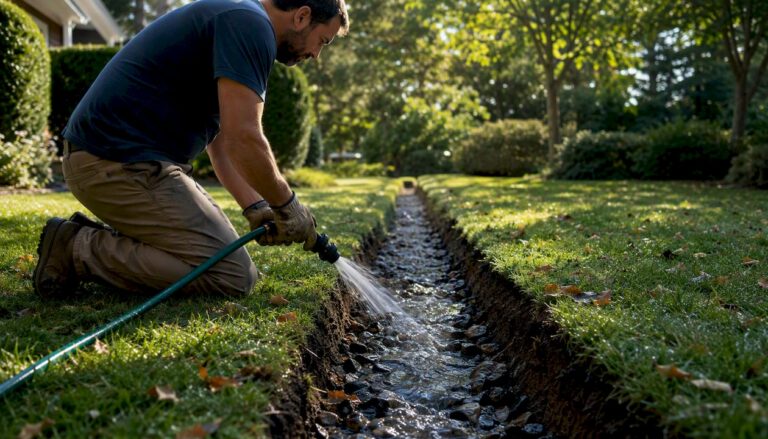 Homeowner flushing a French drain with hose outdoors