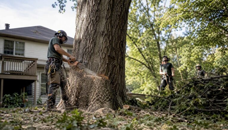 Crew safely removing large tree in yard