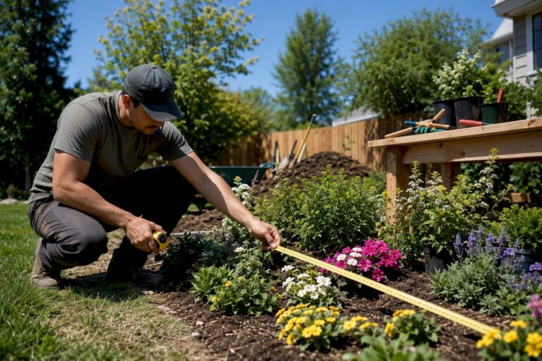 Landscaper measuring yard for estimate
