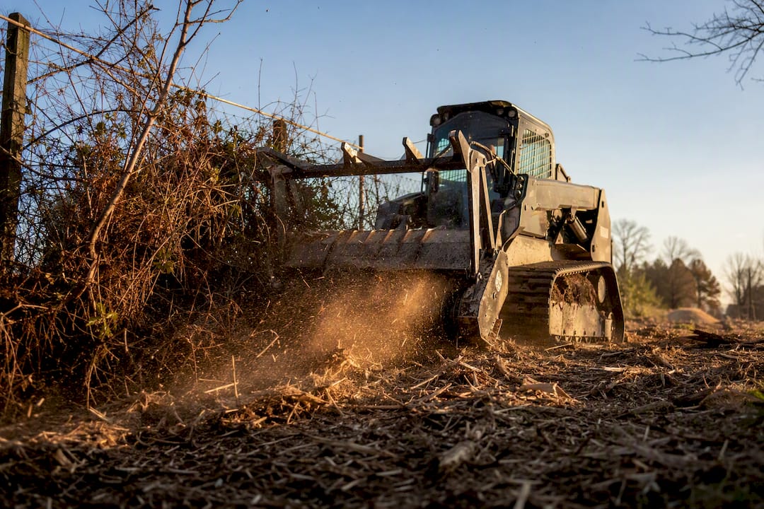 Skid-steer forestry mulcher clearing heavy brush