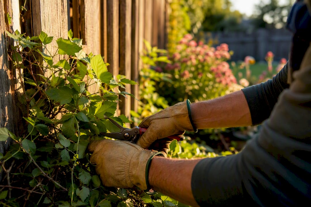 Hands using loppers to prune brush near fence posts