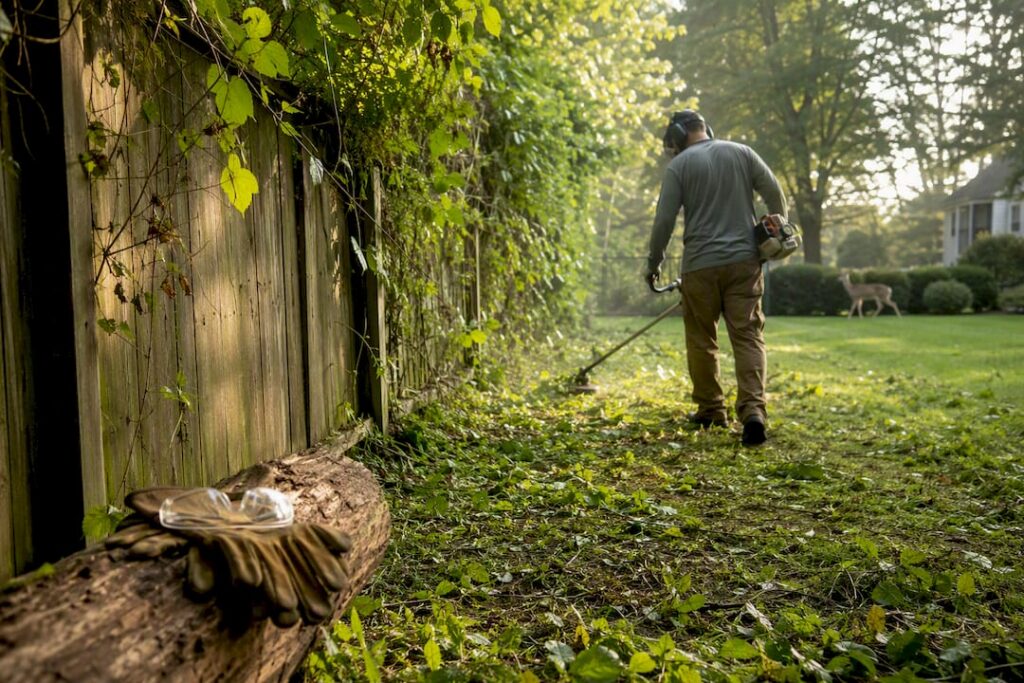 Landscaper trimming brush along fence line