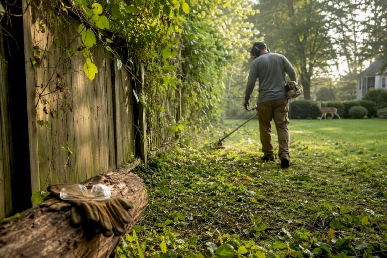 Landscaper trimming brush along fence line