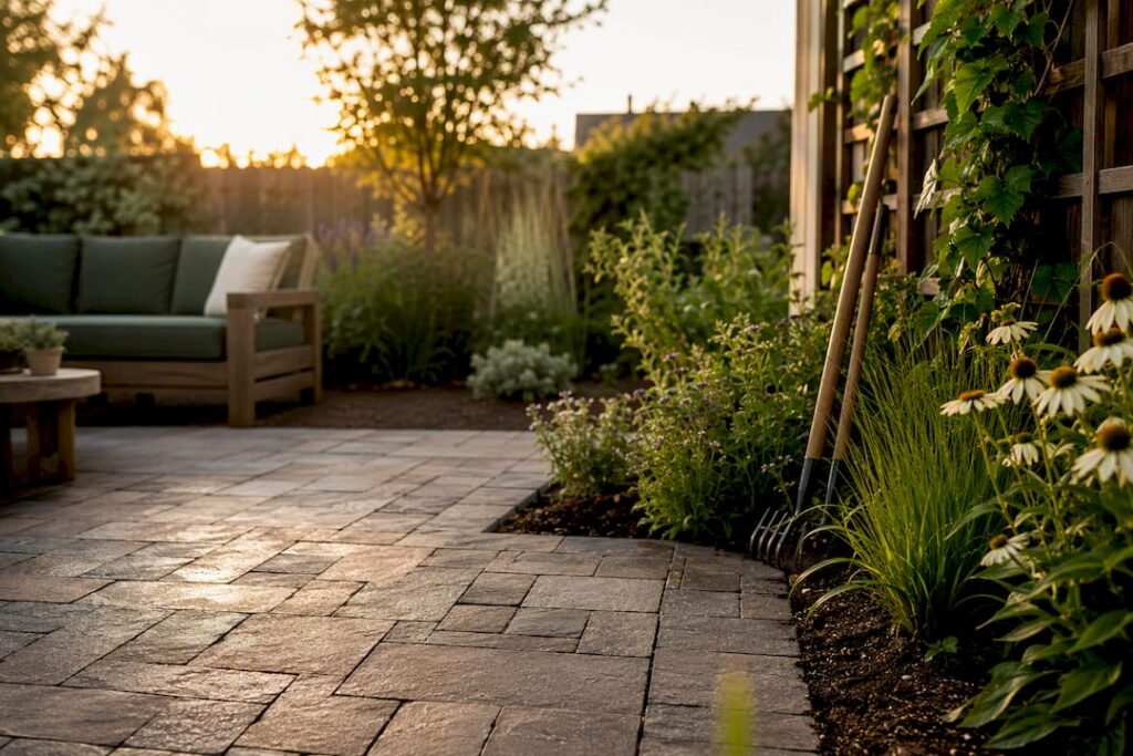 Small backyard patio with planted borders
