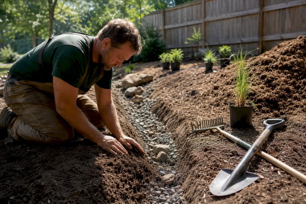 Landscaper shaping drainage swale on backyard slope