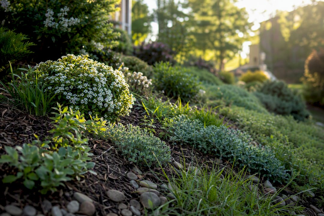 Plants stabilizing soil on a backyard slope