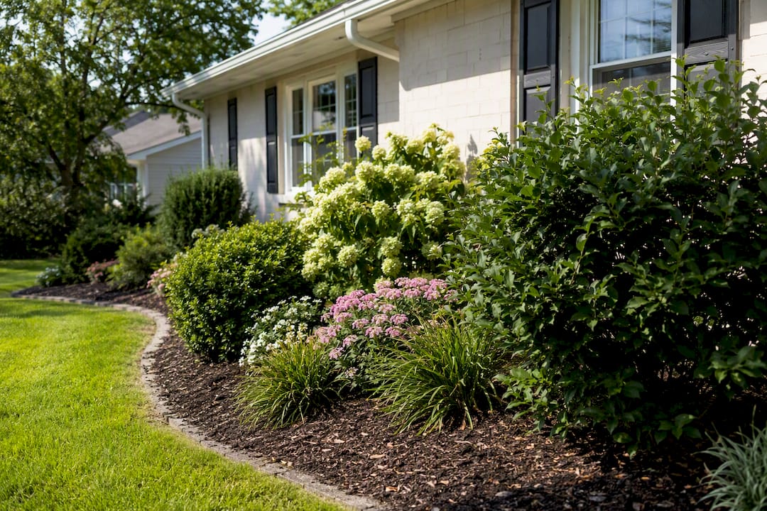 Wide planting beds along house foundation