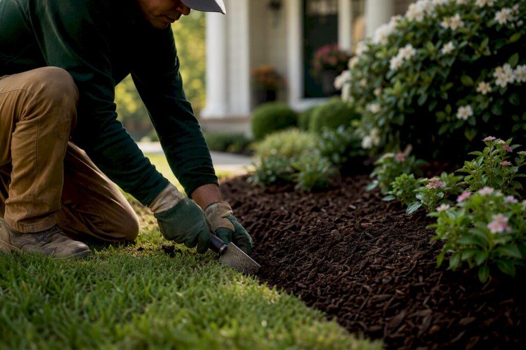 Landscaper edging lawn and spreading mulch