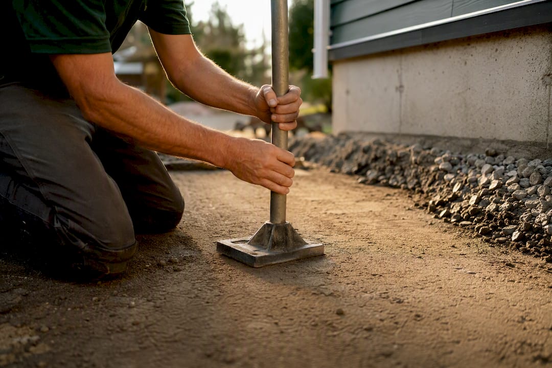 Hands compacting soil near foundation