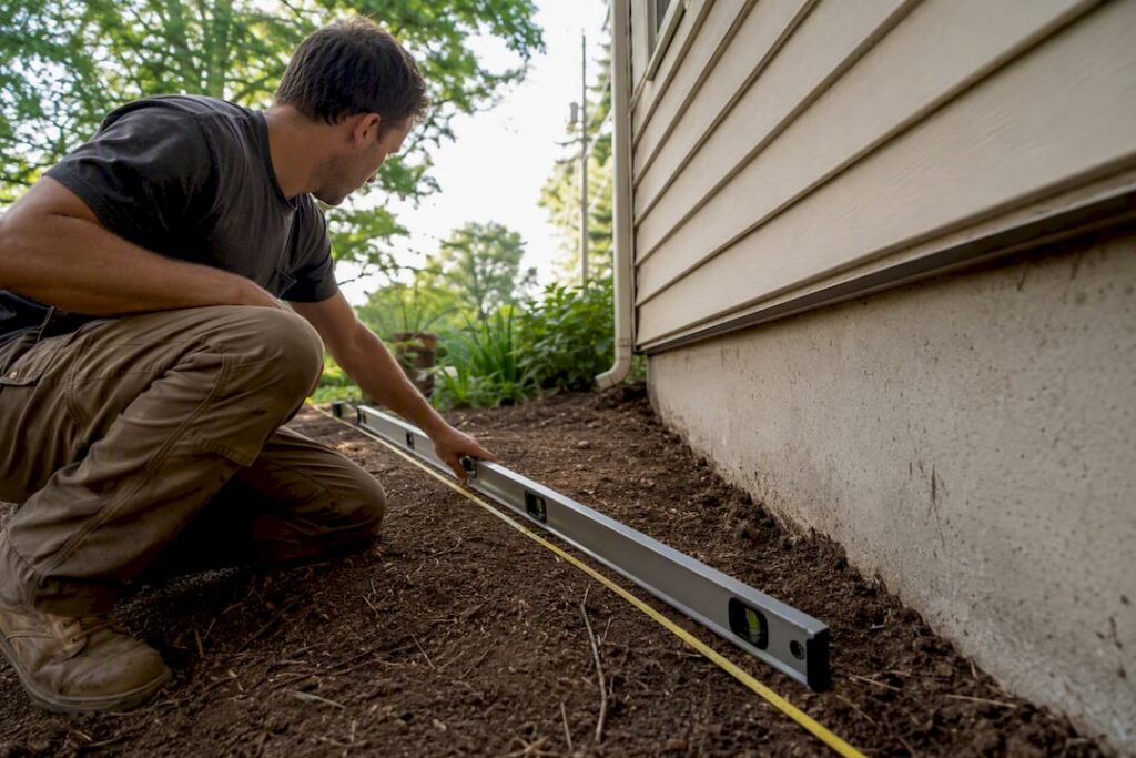 Worker measuring slope around foundation