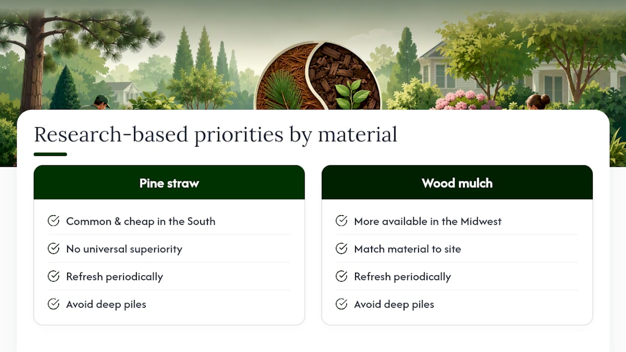 Comparison infographic of pine straw and wood mulch