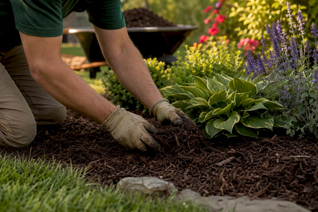 Landscaper spreading wood mulch in flower bed