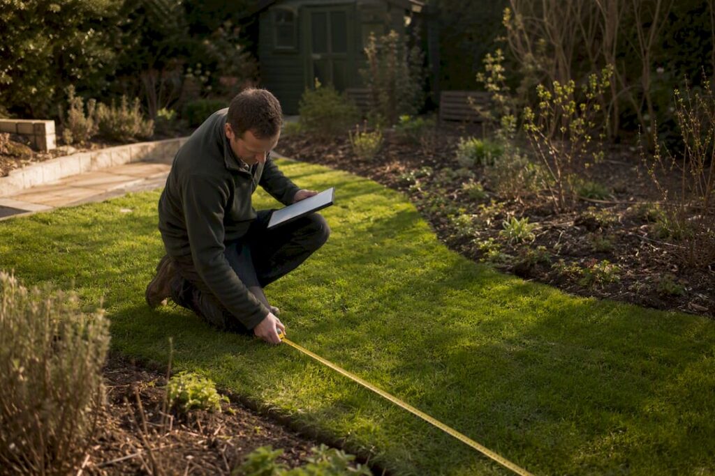 Landscape designer measuring yard outdoors
