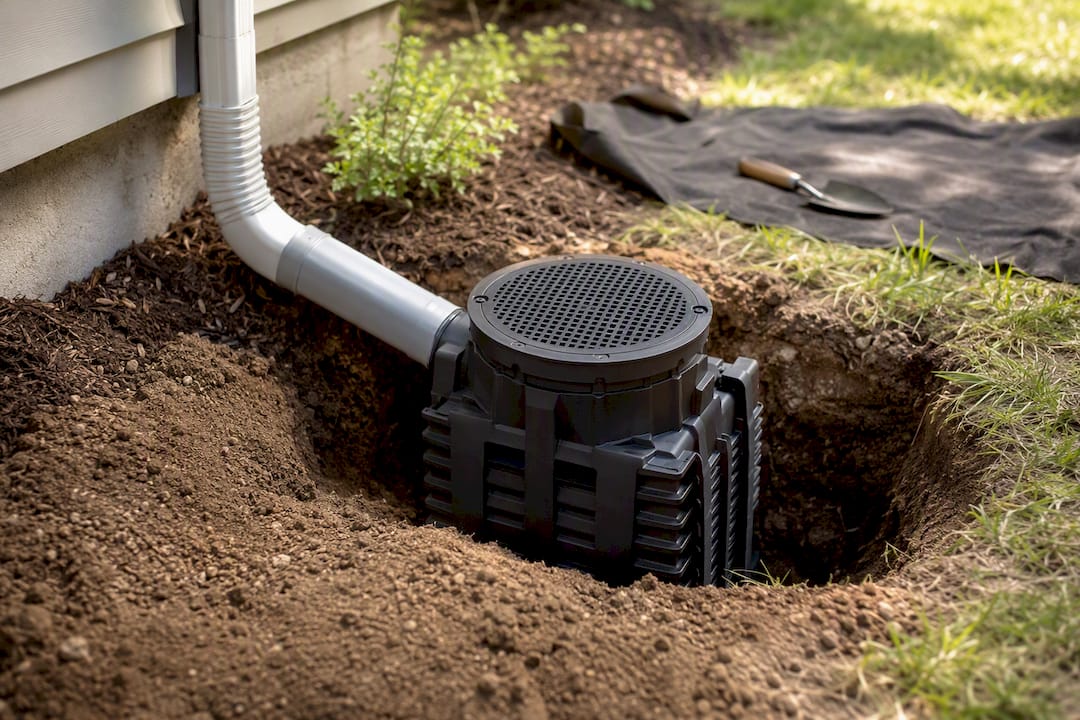 Dry well connected to downspout pipe in soil