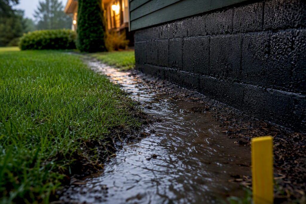 Rainwater running toward a home foundation
