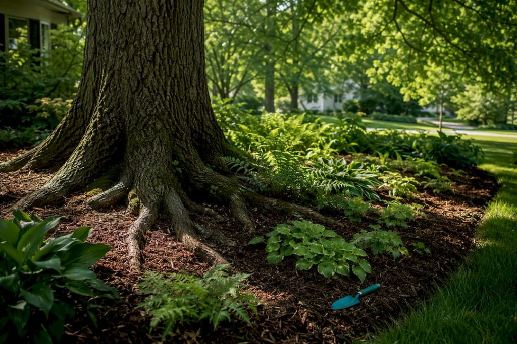 Root-safe shade garden beneath mature oak
