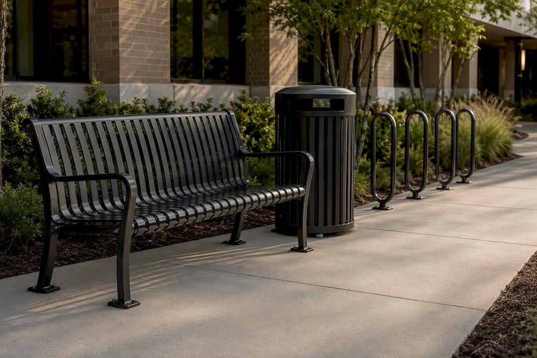 Anchored bench and bike rack in courtyard