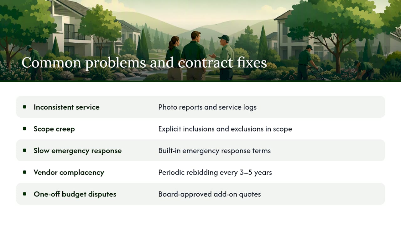 HOA landscaping problems matched with contract controls
