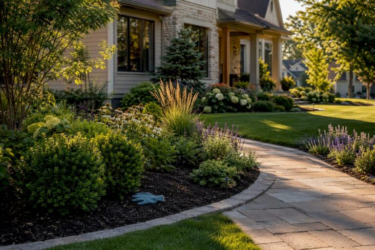 Layered front yard landscape with paver walkway