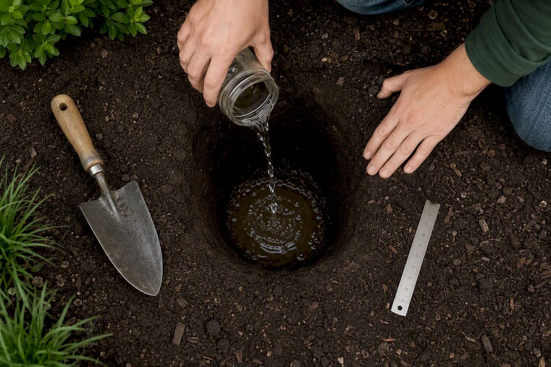 Hands conducting soil drainage test