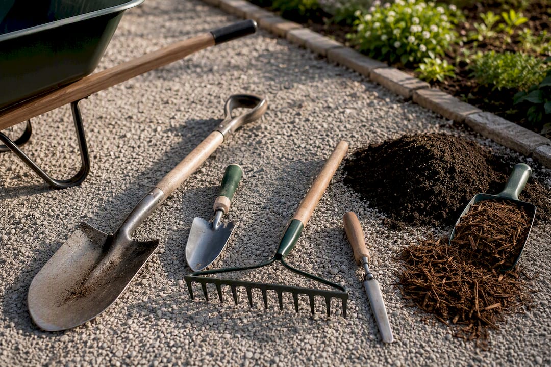 DIY landscaping tools beside planting materials