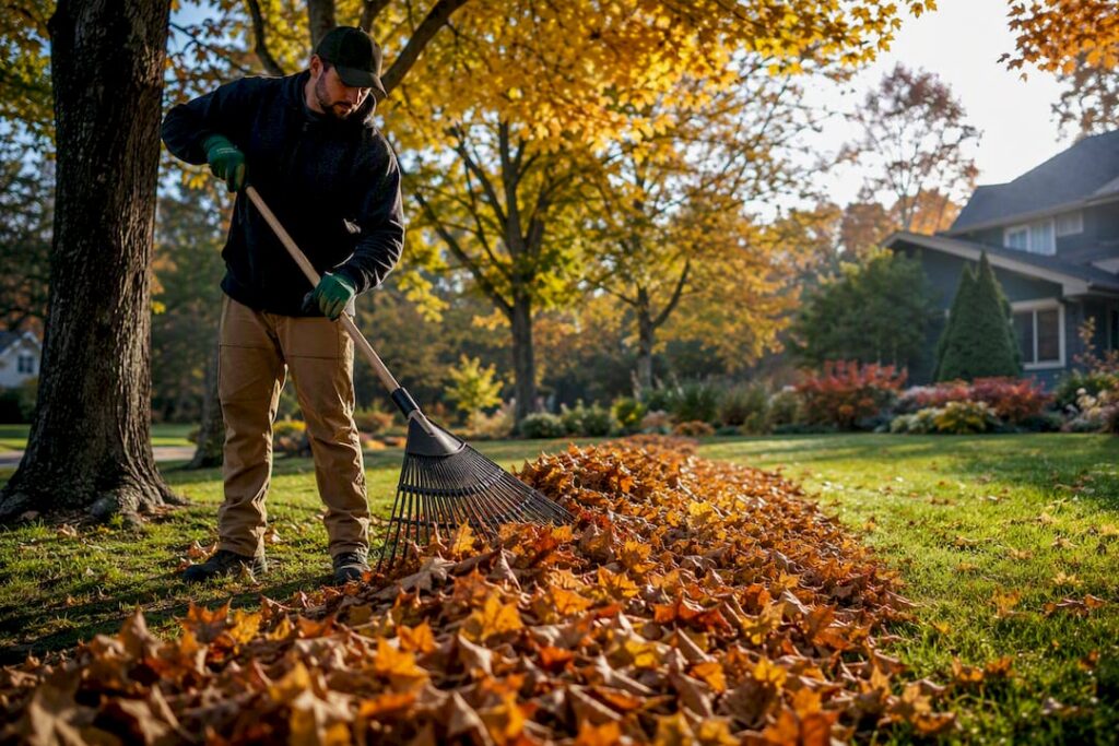Autumn leaves gathered across a suburban lawn