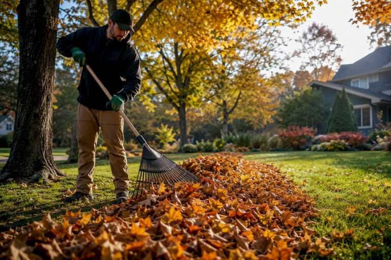 Autumn leaves gathered across a suburban lawn