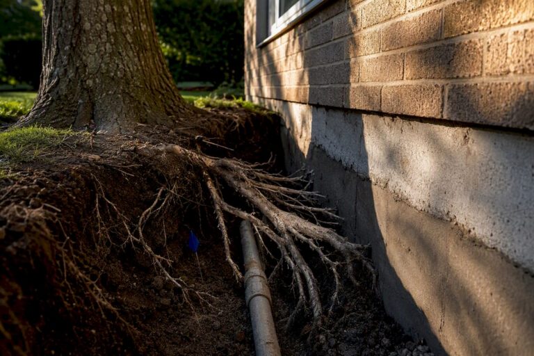 Tree roots approaching foundation and utility line