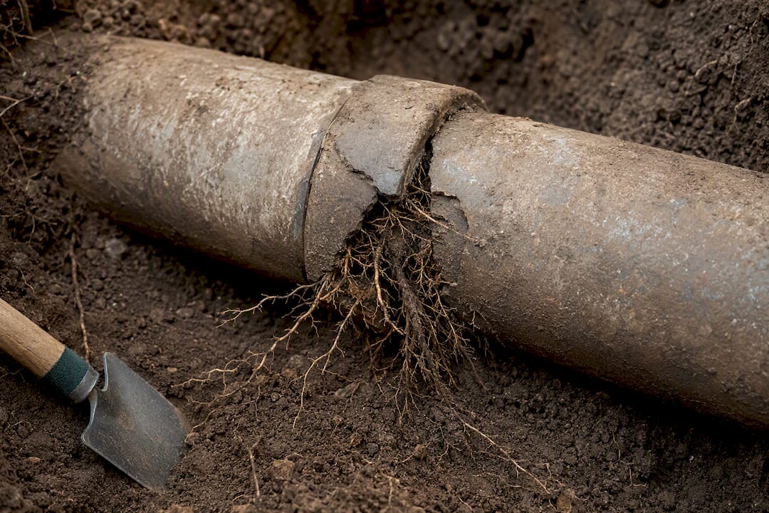 Tree roots entering a cracked sewer joint
